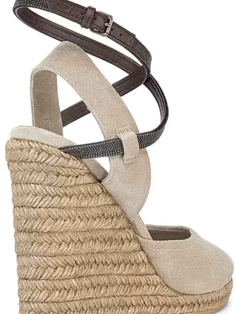 Brunello Cucinelli Taupe Suede Embellished Espadrille Wedge Sandals – Size 38